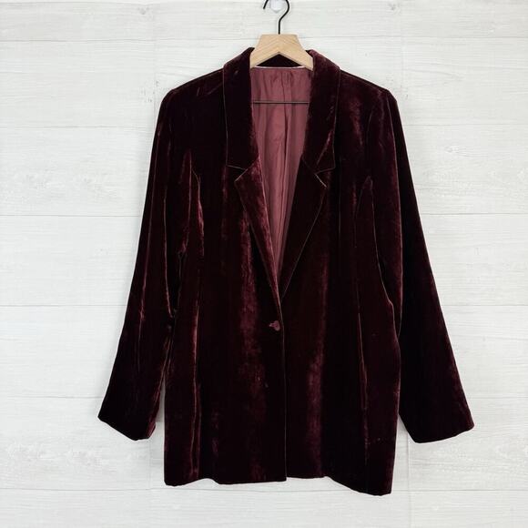Eileen Fisher Silk Blend Velvet Blazer Jacket Medium Burgundy Pockets Holiday - Picture 2 of 16